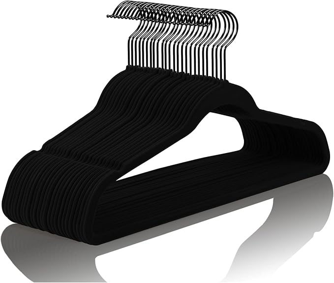 MIZGI Premium All Black Velvet Hangers with Black Hooks (50 Pack) Heavy Duty - Non Slip Felt Hangers - 360 Degree Swivel,Space Saving Clothes Hangers,Durable Strong Hanger for Suits,Coat