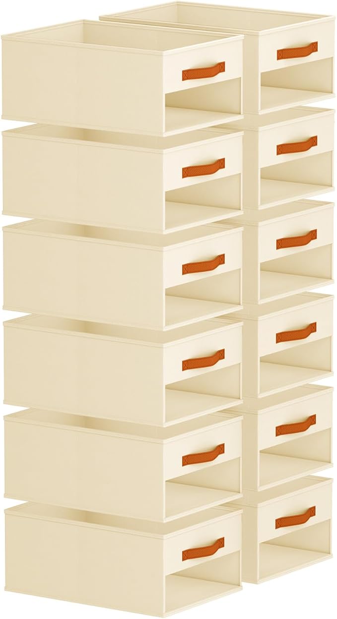 Homsorout Drawer Organizers and Storage - 12 Pack Foldable Pants Organizer with Clear Window & Handles, Fabric Closet Organizer for Clothes, Jeans, Sweaters, Towels, T-shirt, Scarf (Beige)