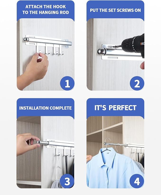 BaiNong 16.5 inch Valet Rod for Closets Pull Out Closet Valet Rod Slide Out Extra Long Silvery Valet Rods for Closets With 6 Hooks