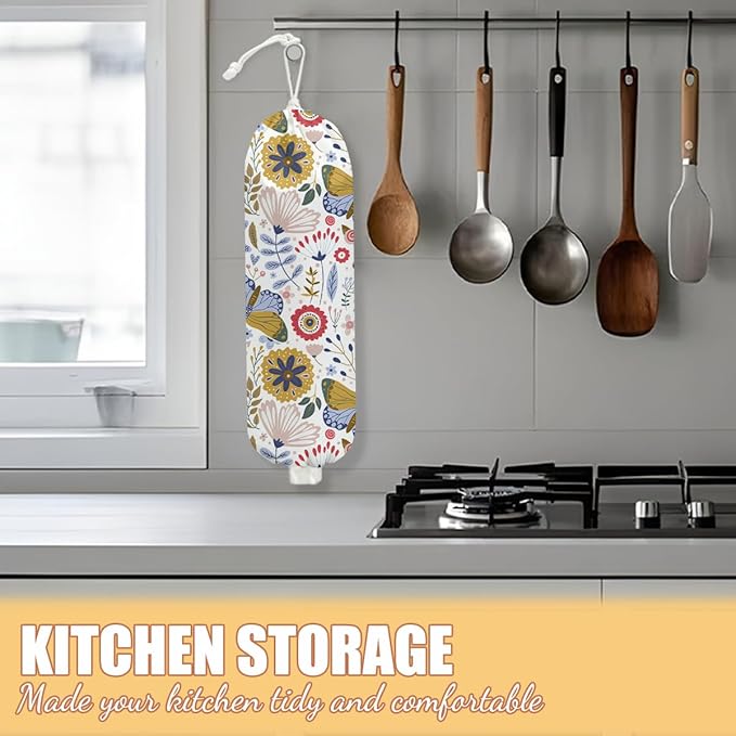 Butterfly Plastic Bag Holder, Wall Mount Grocery Bag Holder, Plastic Storage bag, Pull Rope Free Adjustment, Plastic Bag Holders for Grocery Bags, Plastic Bag Dispenser for Home Kitchen Office