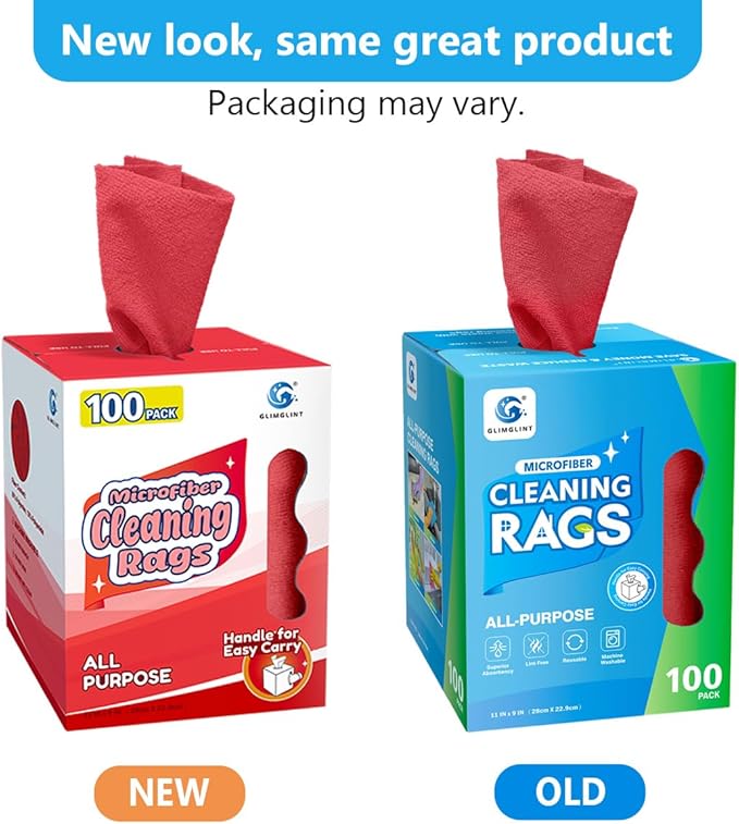 GLIMGLINT Red Microfiber Cleaning Cloth, 100 Pack Cleaning Rags, Lint-Free, Ultra Absorbent Reusable Paper Towels for Home, Kitchen, Car, Garage or Shop, Dish Rags, 11" x 9"