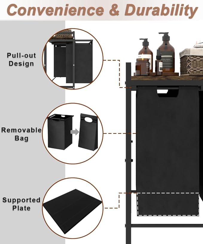 10 x 3 Gal Large Laundry Hamper with 3 Pull-Out & Removable Sorter Bags, Freestanding Clothes Basket Organizer for Clothing or Toys in Bathroom and Living Room, Rustic Brown and Black