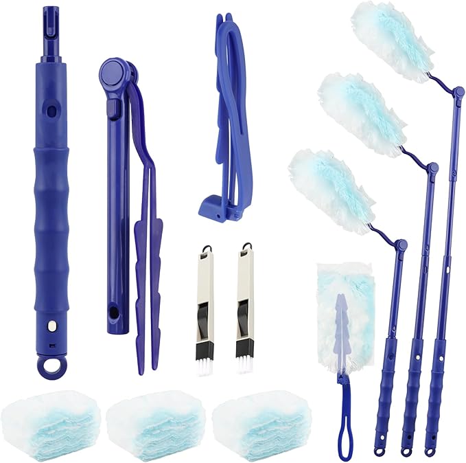 Dusters Starter Kit, 30 pcs Microfibers Duster Refills with 2 Extendable Handle and 2 Mini Crevice Cleaning Brush, Disposable Multi Surface Dusters for Cleaning Home (Color:Blue)
