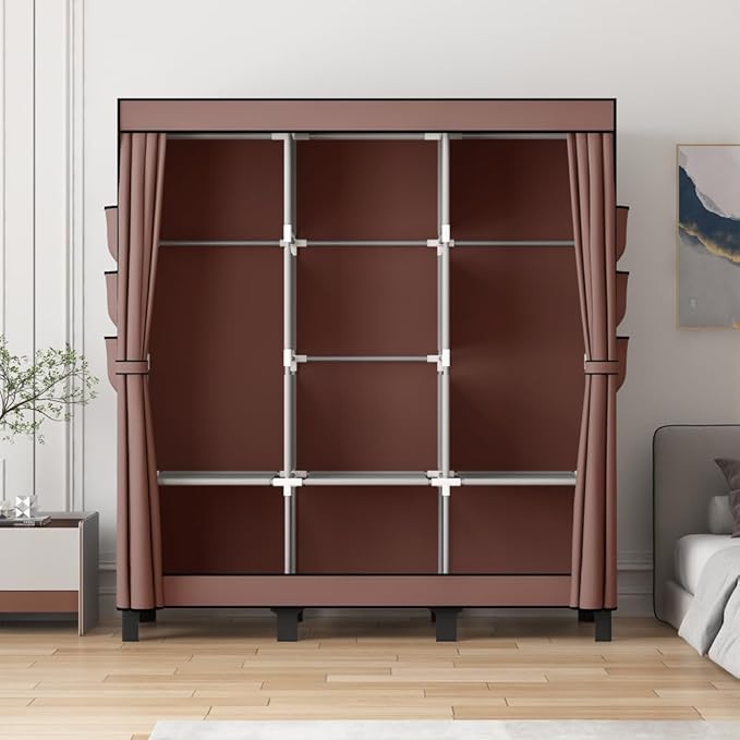 Portable Closet, 51.18" Large Capacity Clothing Storage Organizer with 3 Hanging Rods 6 Shelves 18 Side Pockets, Dustproof Sturdy Wardrobe for Bedroom Dorm Rental Apartment (Coffee, Large)