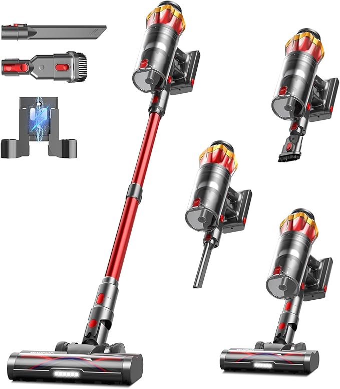 Cordless Vacuum Cleaner, 650W 55KPa 70Mins Vacuum Cleaners for Home, Self-Standing Stick Vacuum with Anti-Tangle Brush & OLED Touch Screen, Vacuum Cleaner for Hardwood Floors,Carpet,Pet Hair,Car (Red)