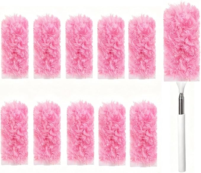 Heavy Duty Duster Refills, Disposable Dusters Kit for Cleaning Dusting Furniture Blind Ceiling Fan, Multi Surface 360 Feather Duster(10)+3FT Extended Handle（1） (Pink)