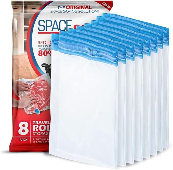 Spacesaver Roll Up Vacuum Storage Bags for Jackets, Suits, Dresses & Clothes – Sealed Compression Bags with Hand Pump – Space Saver Bags for Moving, Travel & Organization - Pack of 8