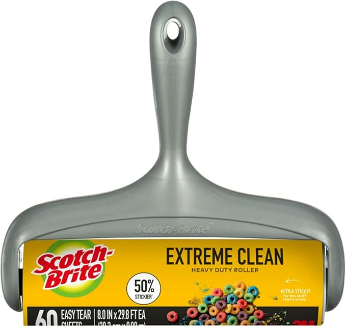 Scotch-Brite Extreme Clean Large Lint Roller, 50% Stickier*, Heavy Duty for Removing Debris and Pet Hair on Clothes, Furniture, Cars, Offices & More, 1 Pack, 60 Adhesive Sheets Total