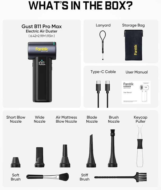 Fanttik B11 Pro Max Electric Air Duster, 150000RPM Brushless Motor, Compressed Air Duster, 100 Gears Adjustable, One-tap Booster, 28.08Wh Rechargeable Battery, Electric Duster for PC, Car, House