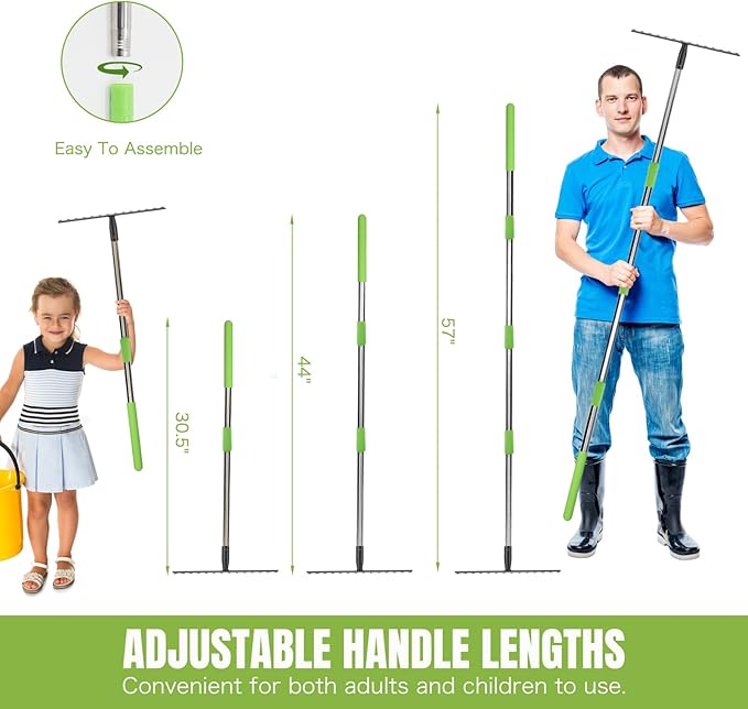 Joyhalo Rake for Leaves, 14 Tines Rakes for Gardening, Adjustable Length from 30.5 to 57 Inch Bow Rake, Metal Rakes for Gardening, Leveling, Loosening Soil
