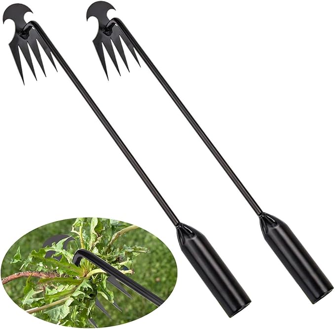 2pack Weed Puller Tool,Garden Weed Tool,Portable Garden Weeder Tool,Uprooting Weeding Tool,4 Teeth Manganese Steel,Forged Hand Weeder for Vegetable Garden Backyard Farm Planting Weeding(Painted Black)