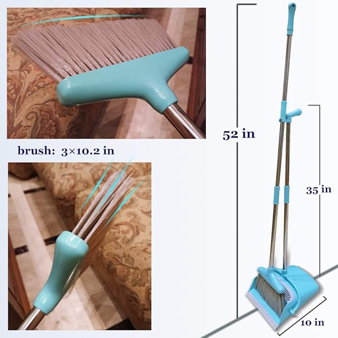 Broom and Dustpan Set Lightweight Upright Lobby Broom and Dust Pan Combo with Long Handle Outdoor Indoor for Home Kitchen Room Office (Blue)