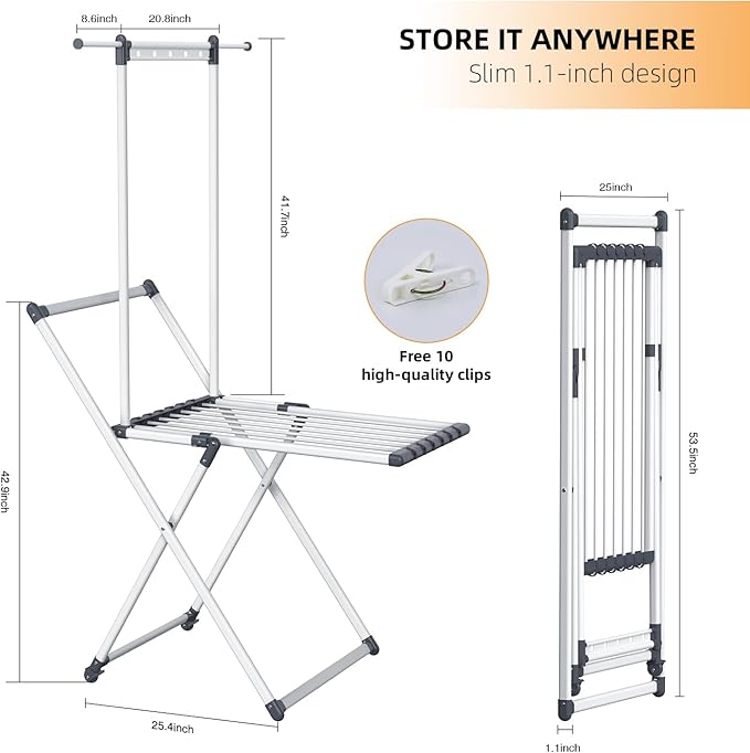 Clothes Drying Rack, Foldable Laundry Rack for Indoor Outdoor, 10pcs Sock Clips, Collapsible Space-Saving Drying Rack for Clothes Towels Dolls, White (Gray-Hanger)