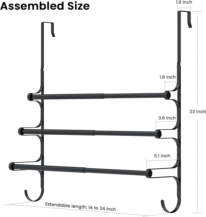 CANYAVE Over The Door Towel Rack, Extendable Triple Towel Storage Holder with Hooks, 24.02 Inches Towel Bar Hanger Towel Racks for Bathroom (Black)