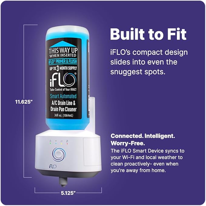 iFLO® Smart A/C Drain Line Cleaner and Drain Pan Cleaner Cartridge, Fast-Acting, Long-Lasting HVAC System Solution for Tough Clogs & Buildup, 3-Month Supply per Bottle, 2 Pack of 36oz