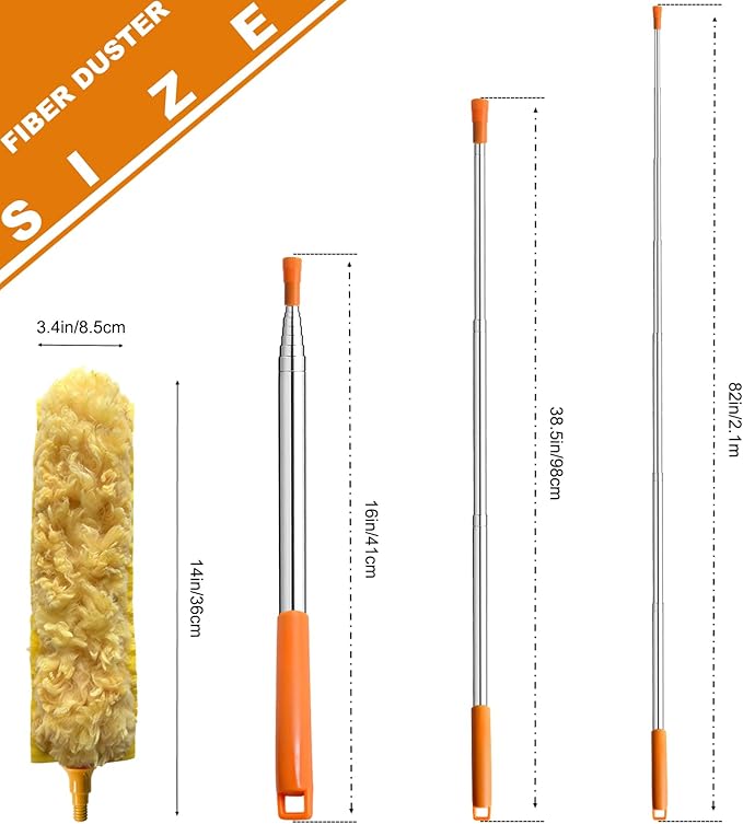 100 Inch Extended Handle Duster Heavy Duty Dusting 360° Duster Refills Kit, Microfibers Multi-Surface Dusters. Efficient Duster Kit for Cleaning Pet Hair, Home, Office, Blinds, Furniture (Orange)