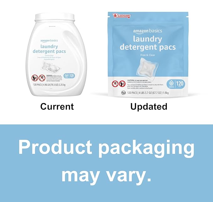 Amazon Basics Laundry Detergent, Hypoallergenic, Free & Clear, (New Packaging), 120 Count (Pack of 2)
