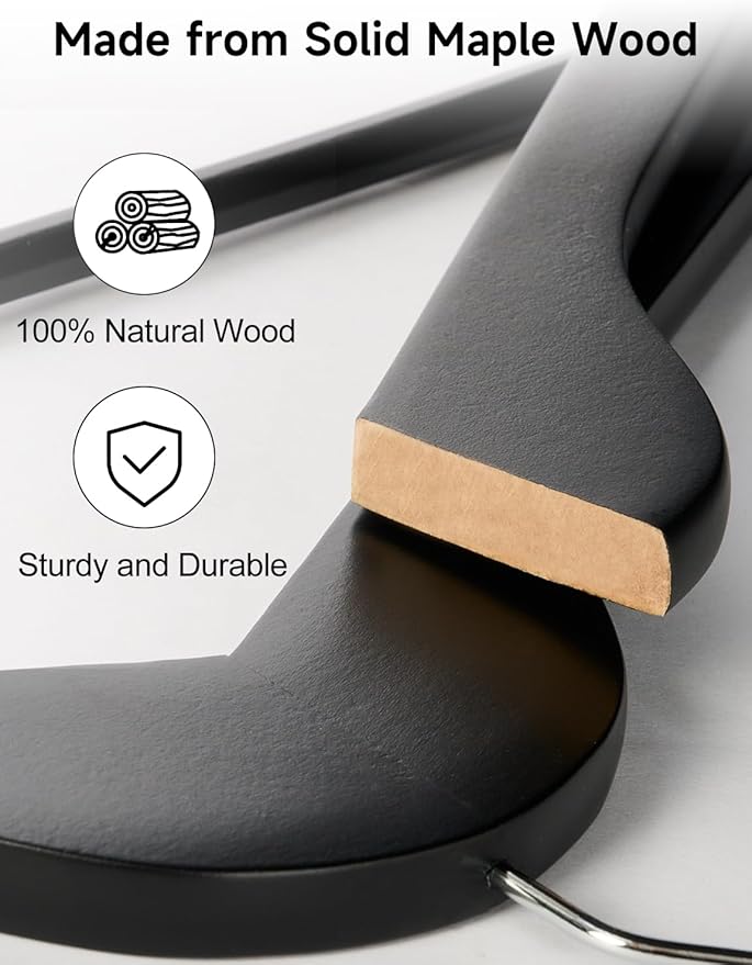StorageWorks Black Wooden Hangers 20 Pack, Heavy Duty Wood Hangers for Closet, Clothes Hangers for Coats, Shirts, Pants, Suits