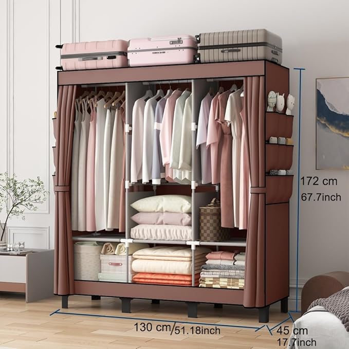 Portable Closet, 51.18" Large Capacity Clothing Storage Organizer with 3 Hanging Rods 6 Shelves 18 Side Pockets, Dustproof Sturdy Wardrobe for Bedroom Dorm Rental Apartment (Coffee, Large)