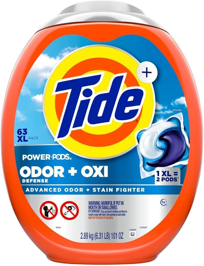 Tide Odor Defense + Oxi Laundry Detergent Pacs, Original Scent, 63 Count, Advanced Odor + Stain Fighter