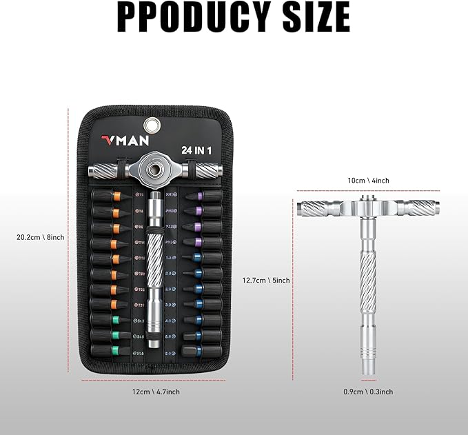 VMAN Ratchet Magnetic Screwdriver Set, 24 in 1 S2 Steel Bits and Head-tail Drive T-Handle, DIY Combination Flexible Shaft for Furniture Assembly, Electrical Appliance Repair, Bicycle Tools