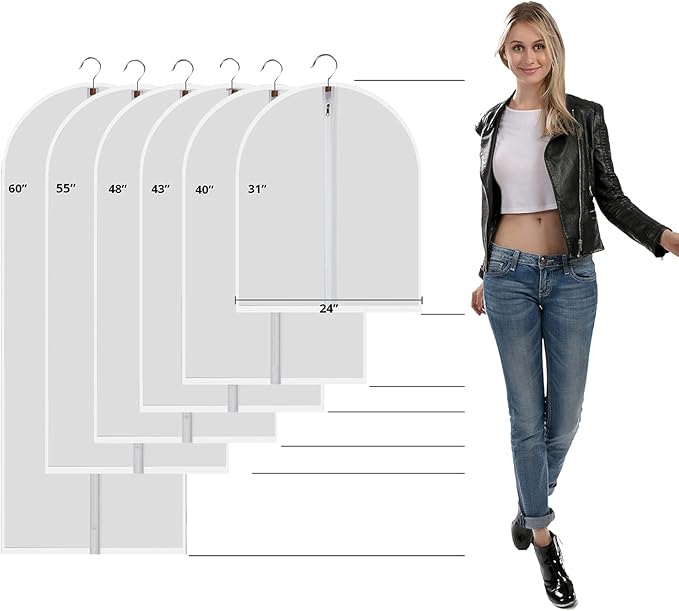 MsKitchen 6 Pack Short Garment Bags (24x31") - Dustproof Covers for Kids Clothes - Durable PEVA Storage Bags with Sturdy Zipper for Dance Costumes, Tops & Folded Pants (Translucent)