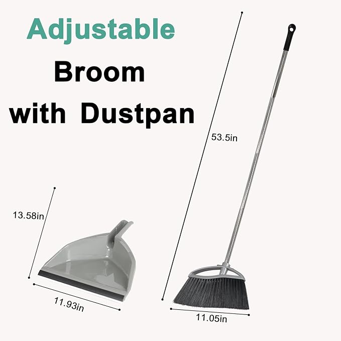 Soft Bristle Broom and Dustpan Combo Set, Long Handle Indoor Broom with Dustpan Set for Kitchen Hardwood Room Office and All Household Floor Cleaning (Gray)