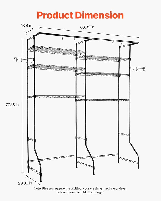 VEVOR Over Washer and Dryer Storage Shelves, 6 Tiers Laundry Room Drying Rack with Hanger Rod and Hooks, Two Rows Adjustable Washer Shelves Space Saver, for Laundry Room Storage & Organization, Black