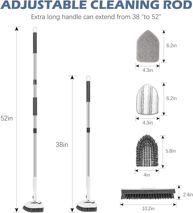 SetSail 4-in-1 Tile Tub Floor Scrubber with 52-inch Long Adjustable Handle Shower Cleaner Brush with V-Shaped Grout Brush and 3 Replacement Brush Heads for Bathroom Kitchen Walls Tub Tile, White Grey