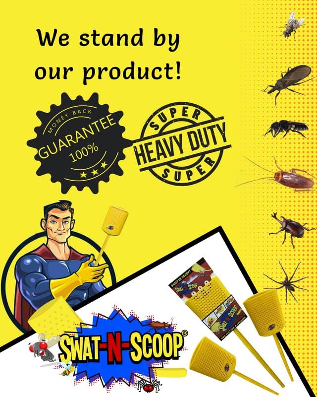 Heavy Duty Fly Swatter and Spider Catcher and Release. Insect Fly Catchers for Inside Home. House Fly Swatter or Humane Bug Catcher with Built in Insect Scoop. (2pk, Yellow)