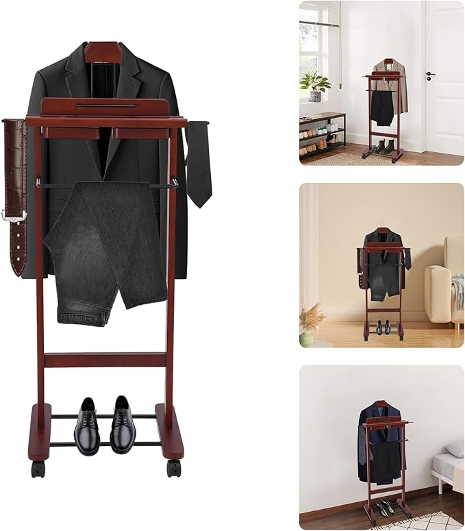 Valet Stand with Wheels and Top Tray, Wood Mens Suit Valet Stand with Shoe Shelf, Freestanding Clothes Valet Stand with Hanger, Storage Organizer for Entryway Office Living Room (B, Walnut Color)