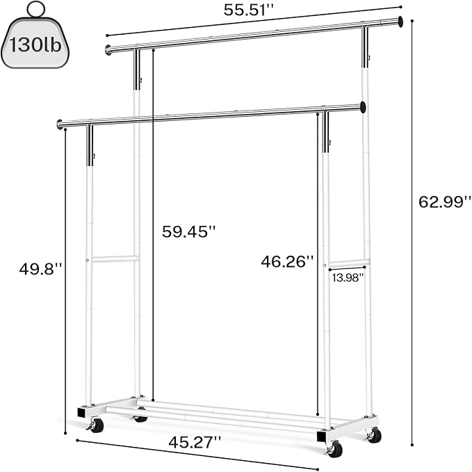 VICERII Double Clothing Rack, 55.51 Inch Garment Rack with Wheels and Bottom Shelf, 130LB Capacity Heavy Duty Rolling Clothes Racks for Hanging Clothes, Coats, Shirts, Sweaters, Skirts, White
