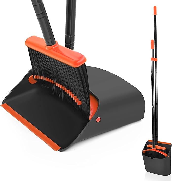Broom and Dustpan Set for Home, JEHONN Long Handle Lightweight Indoor Broom Set Heavy Duty, Upright Standing Dust Pan with Comb Teeth Store Sweep Set for Room Kitchen Office Lobby