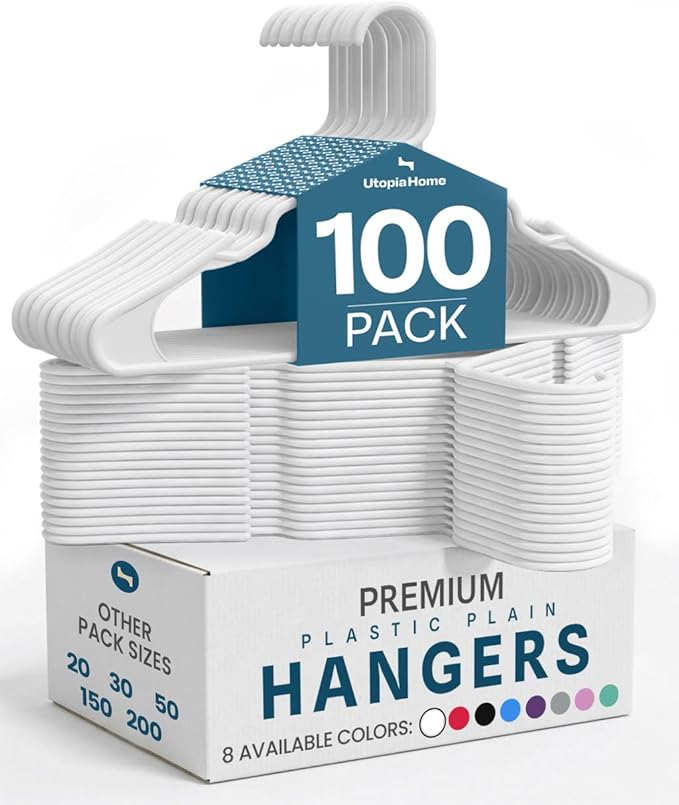Utopia Home Plastic Hangers 100 Pack - Perfect Space Saving Clothes Hanger - Durable and Strong - Perfect Closet Organizers with Shoulder Grooves (White)