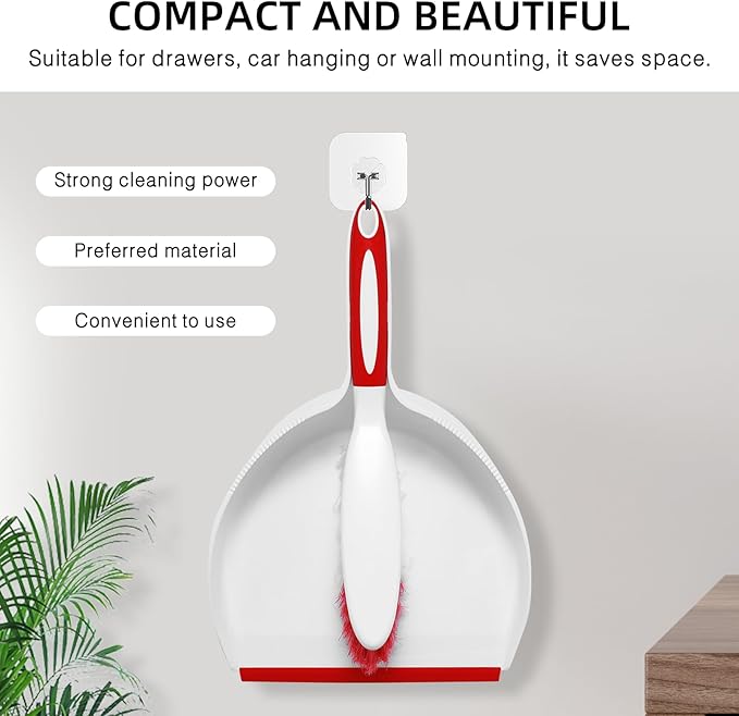 NACENA Dust Pan and Brush Set, Large Hand Broom and Dustpan Set Large Brush and Dustpan Set for Camping Broom and Dustpan Combo for Daily Cleaning Pet Hair Office Home Car, White & Red