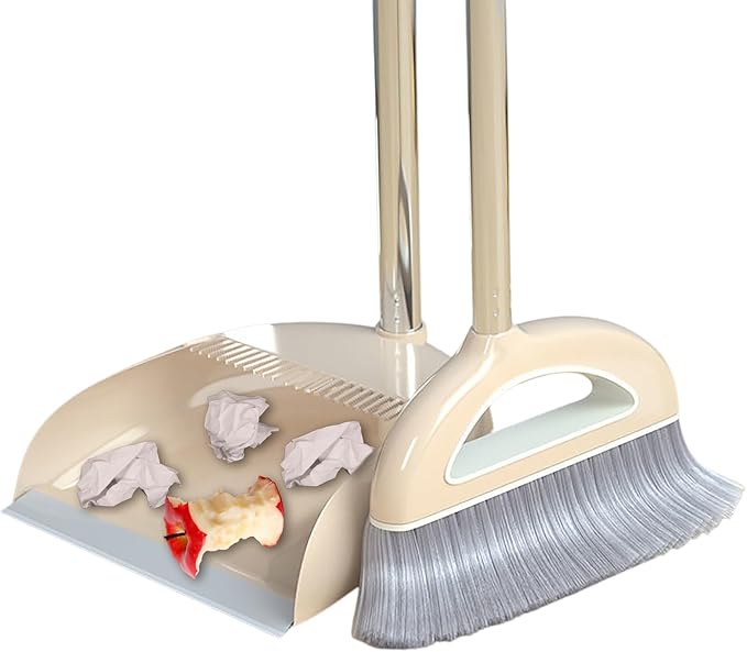 Broom and Dustpan Set with Long Handle - Dust Broom and Dustpan Combo, Lightweight Robust Kitchen Brooms Dustpans, Ergonomic Duster Tool Cleaning Gadgets, for Home, Kitchen, Offices, Pet Hair, White