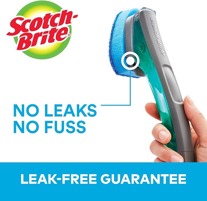 Scotch-Brite Advanced Soap Control Non-Scratch Dishwand Kit, 1 Dish Wand & 5 Sponge Refills, Prevents Soap from Leaking, Leak-Free Guarantee, Best for Nonstick Pots and Pans, Glass, Tubs, & Showers