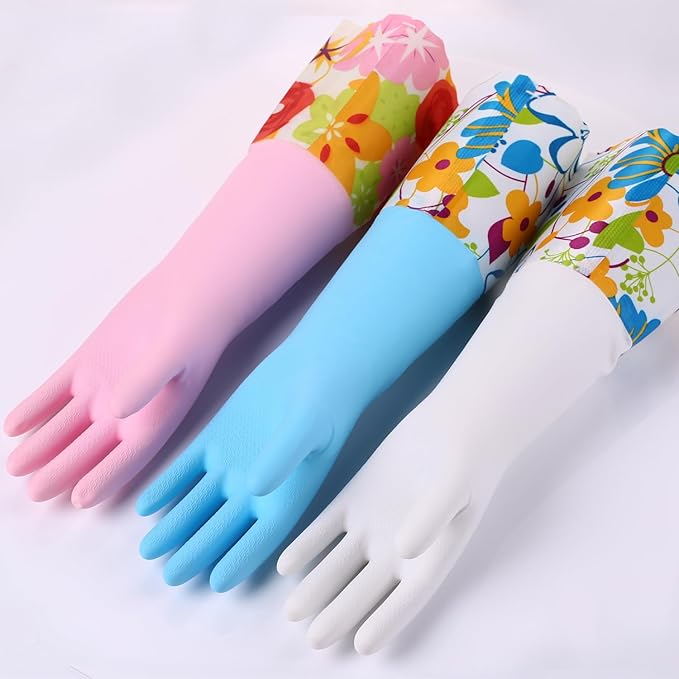Bamllum 3 Pairs Rubber Cleaning Gloves, Household Kitchen Dishwashing Gloves with Cotton Flocked Liner, Long Cuff 16 Inches, Reusable, Non-Slip (Large, Blue+Pink+White)