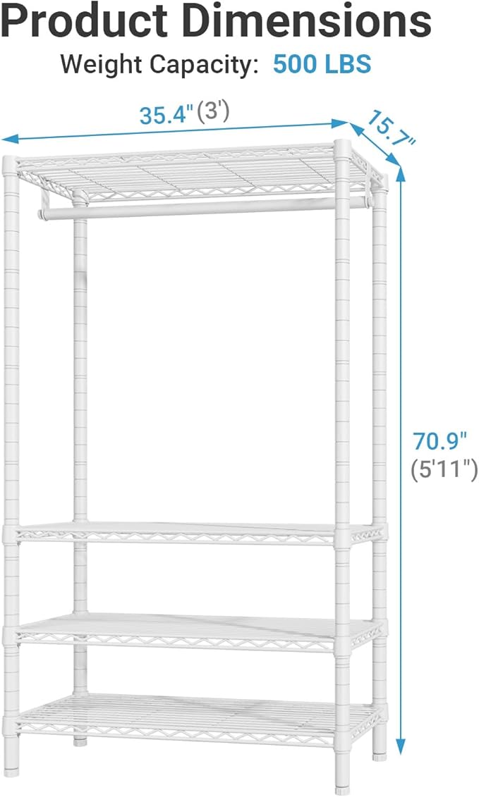 VIPEK V1 Wire Garment Rack 4 Tiers Heavy Duty Clothes Rack for Hanging Clothes Freestanding Closet Clothing Rack with 4 Adjustable Shelves, 35.4" L X 15.7" W X 70.9" H, Max Load 500LBS, White