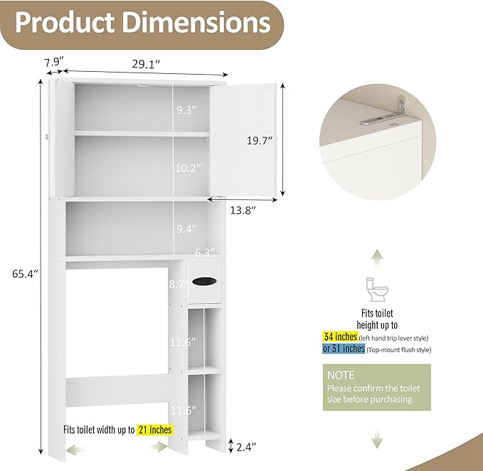 Meilocar Bathroom Storage Cabinet Over Toilet with Toilet Paper Holder Stand, Freestanding Bathroom Storage Organizer Cabinet Space Saver W/Adjustable Shelf, White