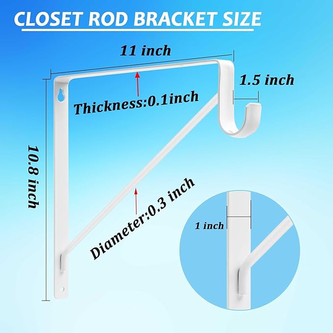 4 Pack Heavy Duty Closet Shelf Rod Brackets 11x11 Inch, 300lbs Wall Mount Closet Shelves Bracket with Rod Shelving Support, Closet Pole Support Bracket with Fixed Hardware, White
