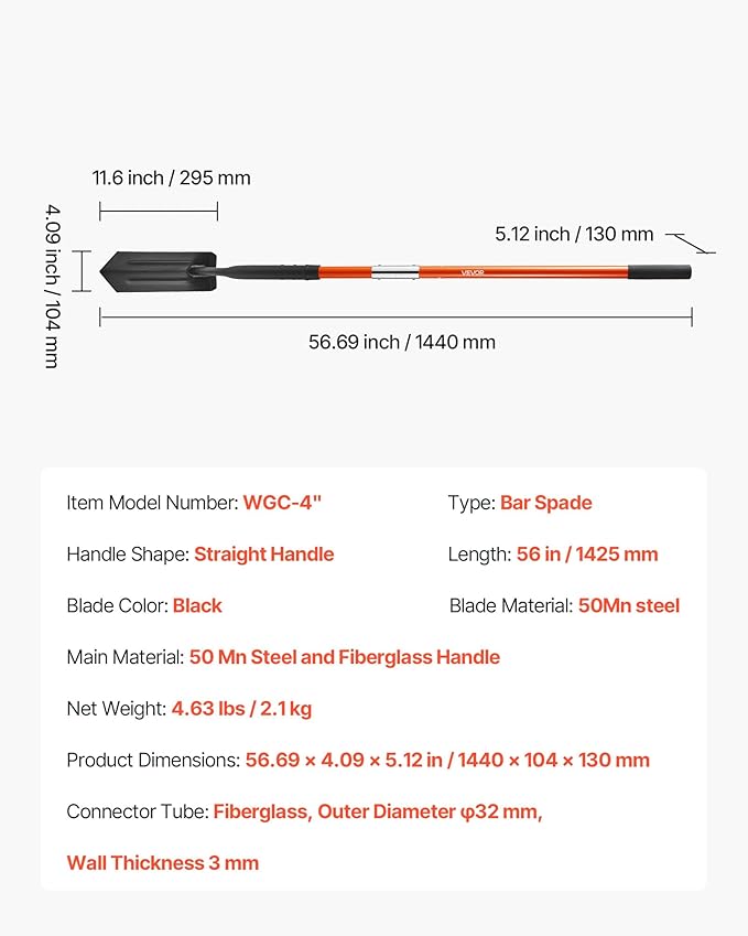 VEVOR Trench Shovel, 4 in Blade Heavy-Duty Trenching Shovel, Narrow Spade Trench Digger with Fiberglass Handle and Non-Slip Grip, for Gardening, Digging Holes, Trenching, and Planting, 56 in Long