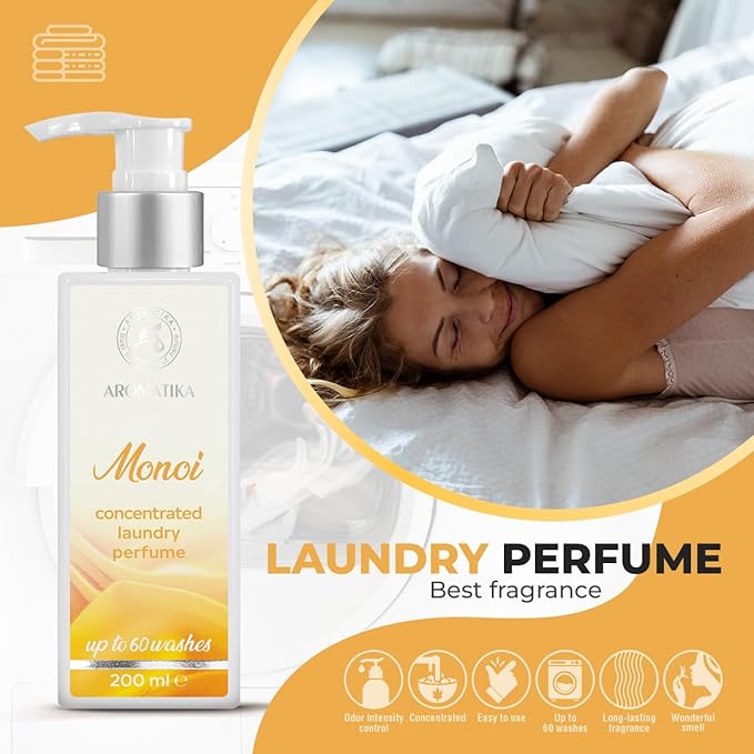Concentrated Laundry Perfume Monoi – 200 ml – Liquid Laundry Fragrance – Linen Freshener – Exotic Scent