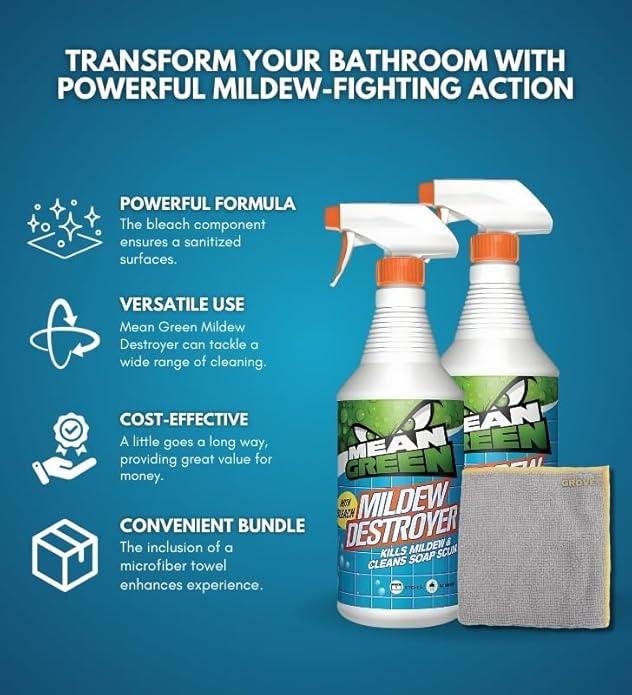 Mean Green Mildew Remover Spray 32 oz Bundle with Microfiber Cloth - Easy Cleaning of Mold, Mildew, Soap Scum, and Grime in Bathrooms, Kitchens, Patios, and More - (3 Items)