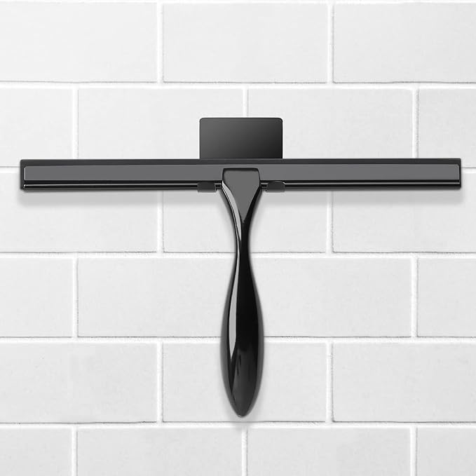 Simtive 12-Inch Shower Squeegee Set, Includes Shower Door Hook and Adhesive Hook, Squeegee for Shower Doors, Mirror and Window, Black
