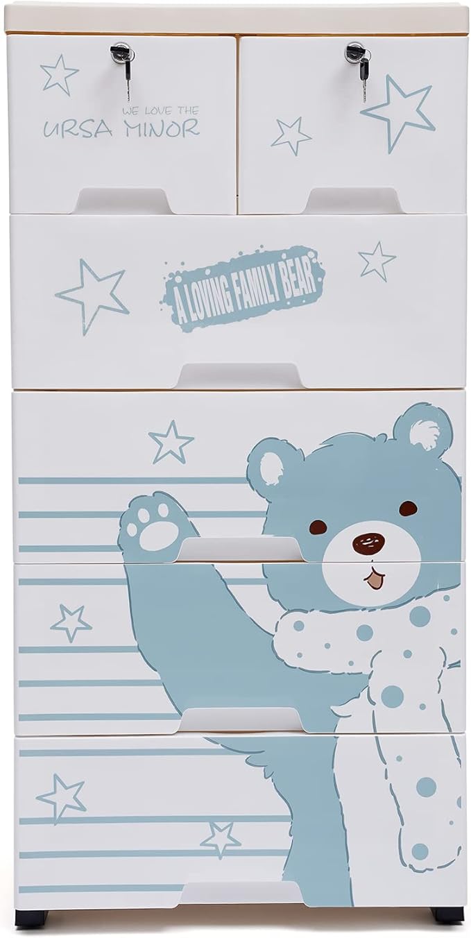 6 Drawer Plastic Storage Tower Cabinet, 5 Layers Polar Bear Closet with 5 Wheels, Closet Drawers Tall Dresser Organizer for Clothes Playroom Bedroom Furniture, Multi-Color
