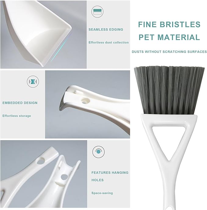 Dust Pan Broom Brush Dustpan -Mini Broom and Dustpan Combo Set, Handheld Sweeper Cleaning for Tables, Keyboards, Guinea Pig Cage, and Cat Litter, etc. (White)