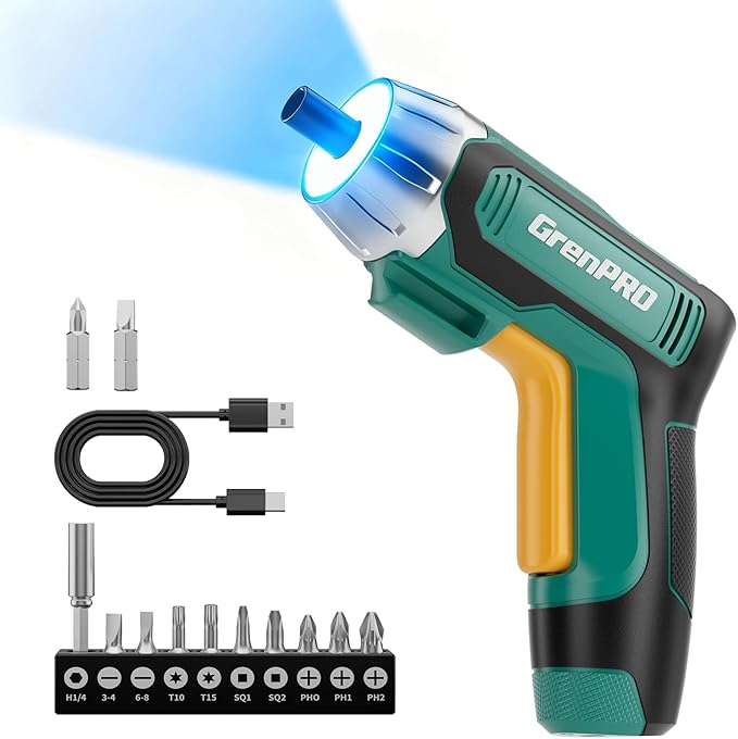 4V Electric Screwdriver Rechargeable, Cordless Screwdriver 9pcs Bit with 1pc Bit Holder, USB Small Power Screwdriver Set with Bits, Green