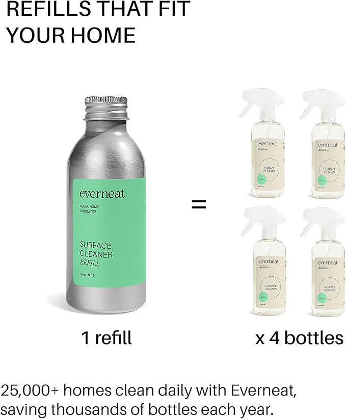Everneat Probiotic Surface Cleaner Concentrate – Cleans for Days, Refillable, Non-Toxic | Refill Bottle Makes 4 Spray Bottles | Unscented | 4 oz (Just Add Water)