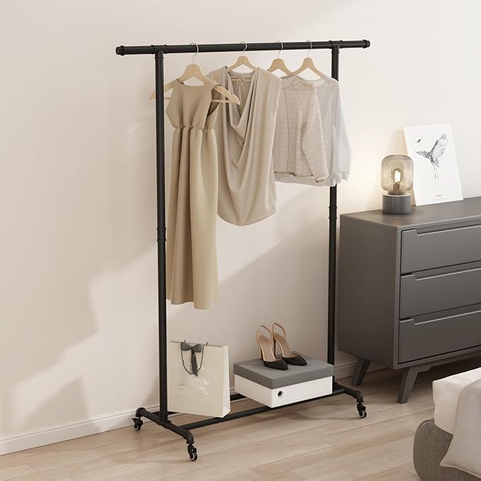 Industrial Pipe Clothing Rack, Heavy Duty Metal Clothes Rack With Wheels, Rolling Garment Rack with Bottom Shelf for Home Boutique Use (Black)